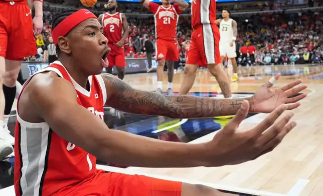 Ohio State forward Amare Bynum reacts to a call during the second half of an NCAA college basketball game against Michigan in the quarterfinals of the Big 10 Conference tournament, Friday, March 13, 2026, in Chicago. (AP Photo/Nam Y. Huh)
