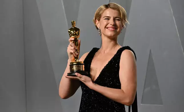 Jessie Buckley arrives at the Vanity Fair Oscar Party on Sunday, March 15, 2026, at the Los Angeles County Museum of Art in Los Angeles. (Photo by Evan Agostini/Invision/AP)