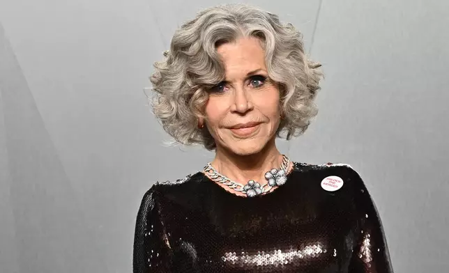 Jane Fonda arrives at the Vanity Fair Oscar Party on Sunday, March 15, 2026, at the Los Angeles County Museum of Art in Los Angeles. (Photo by Evan Agostini/Invision/AP)