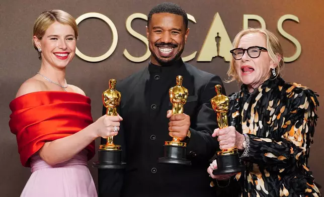 Jessie Buckley, from left, winner of the award for best actress in a leading role for "Hamnet," Michael B. Jordan, winner of the award for best actor in a leading role for "Sinners," and Amy Madigan, winner of the award for actress in a supporting role for "Weapons," pose in the press room at the Oscars on Sunday, March 15, 2026, at the Dolby Theatre in Los Angeles. (Photo by Jordan Strauss/Invision/AP)