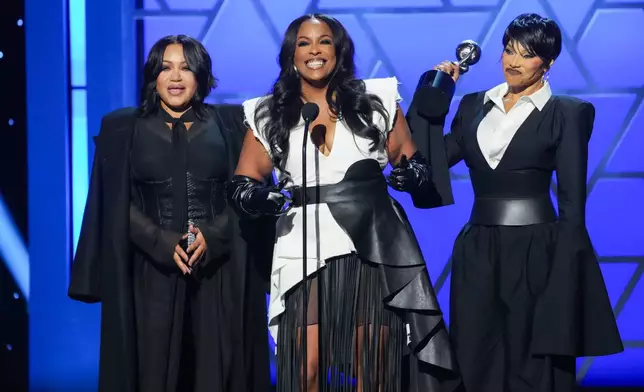 Cheryl "Salt" James, from left, Deidra "Spinderella" Roper, and Sandra "Pepa" Denton of 'Salt-N-Pepa' accept the Hall of Fame award during the 57th NAACP Image Awards on Saturday, Feb. 28, 2026, in Pasadena, Calif. (AP Photo/Chris Pizzello)
