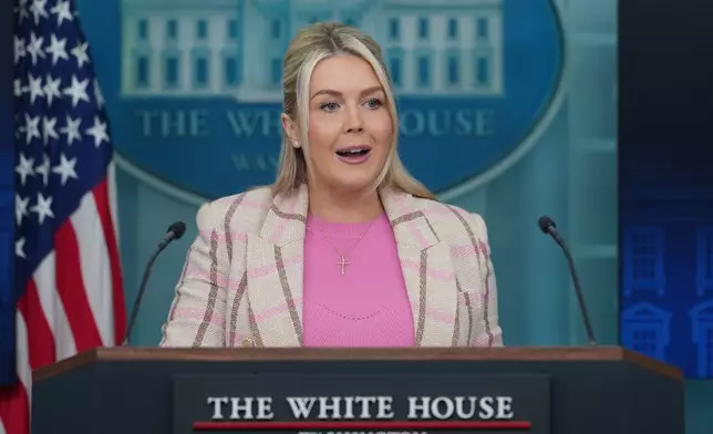White House press secretary Karoline Leavitt speaks with reporters in the James Brady Press Briefing Room at the White House, Tuesday, March 10, 2026, in Washington. (AP Photo/Julia Demaree Nikhinson)
