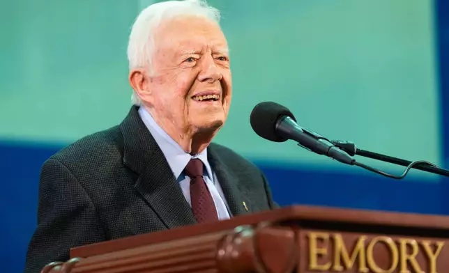 FILE - Former President Jimmy Carter speaks during an annual Carter Town Hall held at Emory University in Atlanta, Sept. 18, 2019. (AP Photo/John Amis, File)
