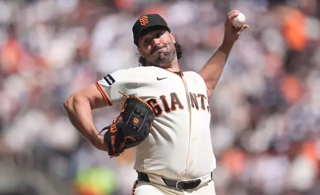San Francisco Giants pitcher Robbie Ray works against the New York Yankees during the first inning of a baseball game in San Francisco, Friday, March 27, 2026. (AP Photo/Jeff Chiu)