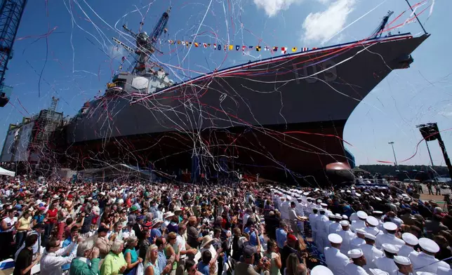 FILE - An Arleigh-Burke Class destroyer is christened at Bath Iron Works in Bath, Maine, Aug. 1, 2009. (AP Photo/Robert F. Bukaty, File)