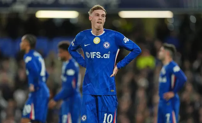 Chelsea's Cole Palmer during the Champions League soccer match between Chelsea and Paris Saint-Germain in London, England, Tuesday, March 17, 2026. (AP Photo/Kin Cheung)
