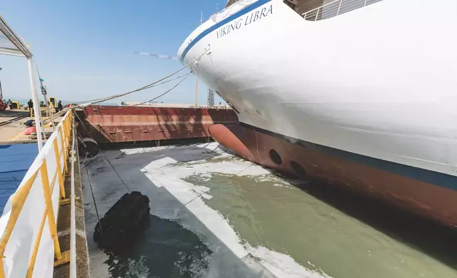Water flows into the building dock at Fincantieri’s Ancona Shipyard as part of the float out ceremony for the Viking Libra, marking the first time the ship has touched water. The Viking Libra is set to sail in November 2026. For more information, visit www.viking.com.