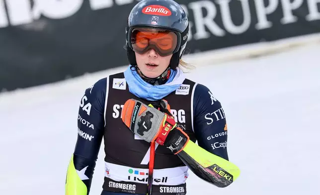 United States' Mikaela Shiffrin at the finish area of an alpine ski, women's giant slalom race, at the Lillehammer World Cup Finals, in Hafjell, Norway, Wednesday, March 25, 2026. (AP Photo/Marco Trovati)