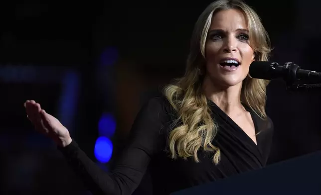 FILE - Megyn Kelly speaks at a campaign rally with Republican presidential nominee former President Donald Trump at PPG Paints Arena, Nov. 4, 2024, in Pittsburgh, Pa. (AP Photo/Evan Vucci, File)
