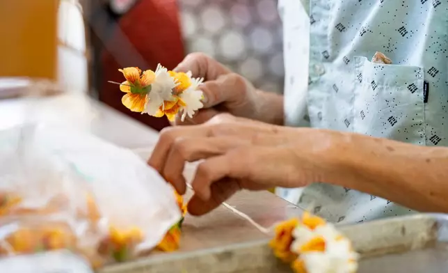 Sam Say, owner of M.P. Lei Shop, strings flowers to make a lei at his shop in Chinatown, Thursday, Feb. 26, 2026, in Honolulu. (AP Photo/Mengshin Lin)