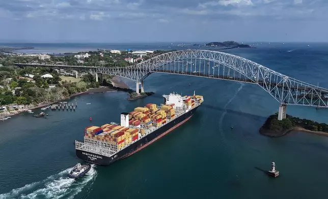 A cargo ship sails under Las Americas bridge through the Panama Canal, in Panama City, Thursday, March 12, 2026. (AP Photo/Matias Delacroix)