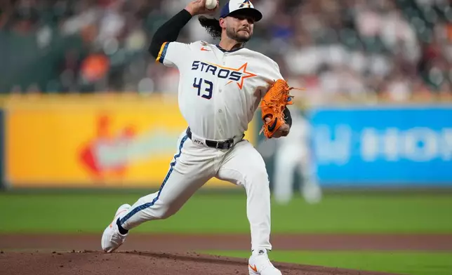 Houston Astros starting pitcher Lance McCullers Jr. throws during the first inning of a baseball game against the Boston Red Sox in Houston, Monday, March 30, 2026. (AP Photo/Ashley Landis)