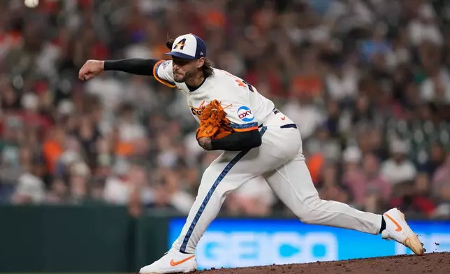 Houston Astros starting pitcher Lance McCullers Jr. throws during the seventh inning of a baseball game against the Boston Red Sox in Houston, Monday, March 30, 2026. (AP Photo/Ashley Landis)