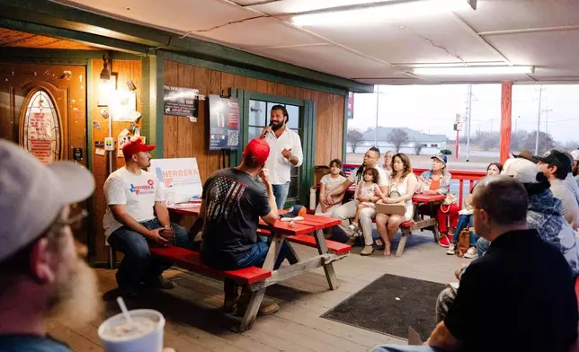 Brandon Herrera, a Republican congressional candidate for Texas' 23rd District, speaks during an event, Thursday, Feb. 26, 2026, in Somerset, Texas. (AP Photo/Brenda Bazán)