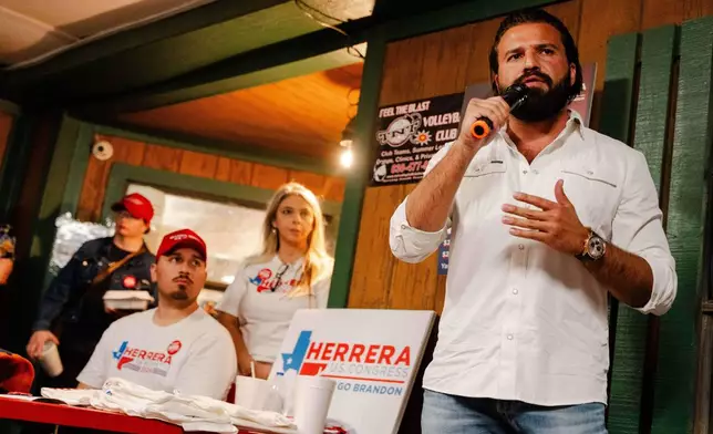 Brandon Herrera, a Republican congressional candidate for Texas' 23rd District, speaks during an event, Thursday, Feb. 26, 2026, in Somerset, Texas. (AP Photo/Brenda Bazán)
