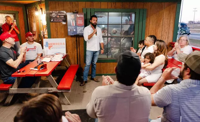 Brandon Herrera, a Republican congressional candidate for Texas' 23rd District, speaks during an event, Thursday, Feb. 26, 2026, in Somerset, Texas. (AP Photo/Brenda Bazán)