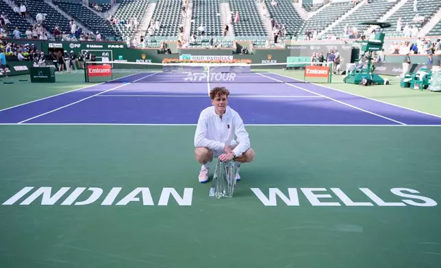 Jannik Sinner, of Italy, celebrates after defeating Daniil Medvedev, of Russia, during a final match at the BNP Paribas Open tennis tournament, Sunday, March 15, 2026, in Indian Wells, Calif. (AP Photo/Mark J. Terrill)