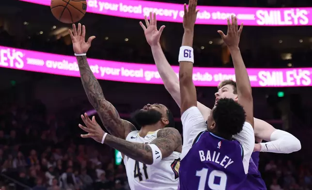 New Orleans Pelicans guard Saddiq Bey (41) goes to the basket against the Utah Jazz during the first half of an NBA basketball game, Saturday, Feb. 28, 2026, in Salt Lake City. (AP Photo/Rob Gray)