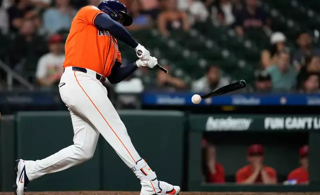Houston Astros' Yordan Alvarez breaks a bat during the ninth inning of a baseball game against the Los Angeles Angels in Houston, Friday, March 27, 2026. (AP Photo/Ashley Landis)