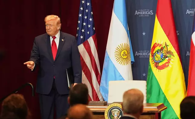 President Donald Trump arrives at the Shield of the Americas Summit, Saturday, March 7, 2026, at Trump National Doral Miami in Doral, Fla. (AP Photo/Rebecca Blackwell)