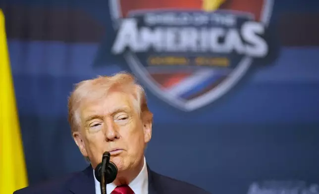President Donald Trump speaks at the Shield of the Americas Summit, Saturday, March 7, 2026, at Trump National Doral Miami in Doral, Fla. (AP Photo/Mark Schiefelbein)