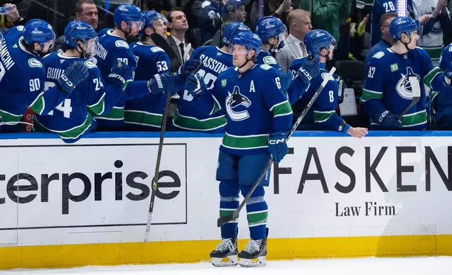 Vancouver Canucks' Brock Boeser (6) celebrates his goal against the Carolina Hurricanes with his teammates during the second period of an NHL hockey game in Vancouver, on Wednesday, March 4, 2026. (Ethan Cairns/The Canadian Press via AP)