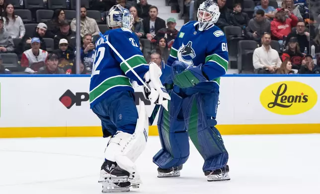 Vancouver Canucks goaltender Nikita Tolopilo (60) skates to the crease as goaltender Kevin Lankinen (32) skates to the bench after being pulled during the second period of an NHL hockey game against the Carolina Hurricanes in Vancouver, on Wednesday, March 4, 2026. (Ethan Cairns/The Canadian Press via AP)
