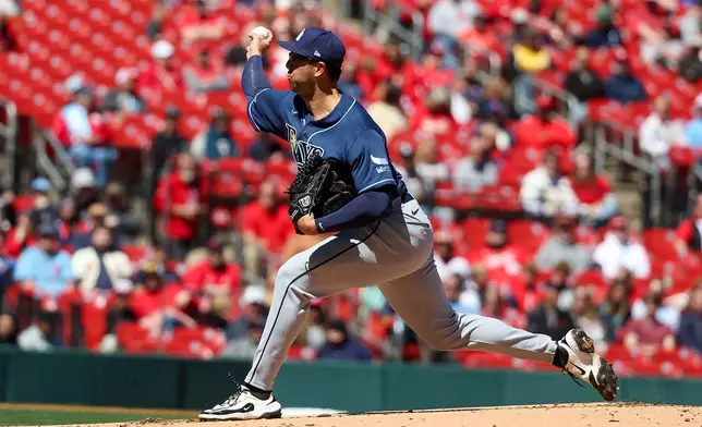Tampa Bay Rays pitcher Joe Boyle (36) throws during the first inning against the St. Louis Cardinals Saturday, March 28, 2026, in St. Louis. (AP Photo/Scott Kane)