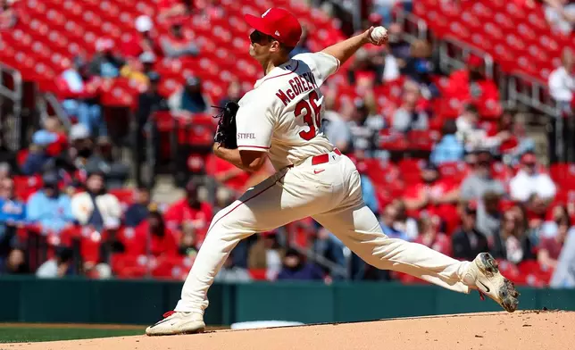 St. Louis Cardinals pitcher Michael McGreevy (36) throws during the first inning of a baseball game against the Tampa Bay Rays, Saturday, March 28, 2026, in St. Louis. (AP Photo/Scott Kane)