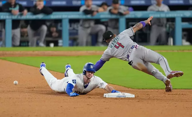 Arizona Diamondbacks second baseman Ketel Marte (4) misses a catch as Los Angeles Dodgers Kyle Tucker (23) slides into second base during the eighth inning of a baseball game Friday, March 27, 2026, in Los Angeles. (AP Photo/Caroline Brehman)