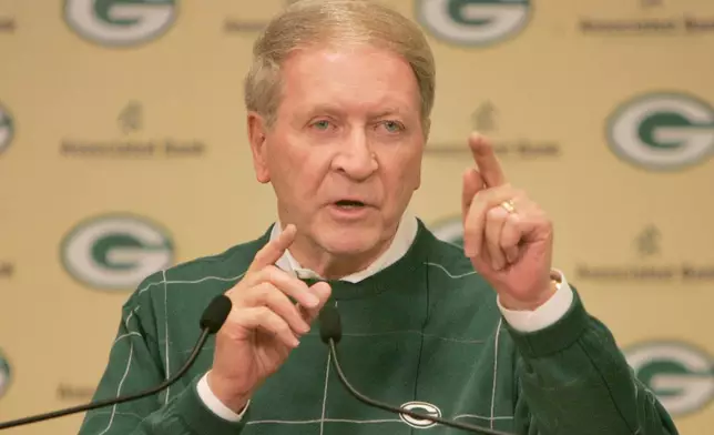 FILE - Green Bay Packers president Bob Harlan talks about the hiring of Ted Thompson as general manager Jan. 14, 2005, in Green Bay, Wis. (AP Photo/Mike Roemer, File)