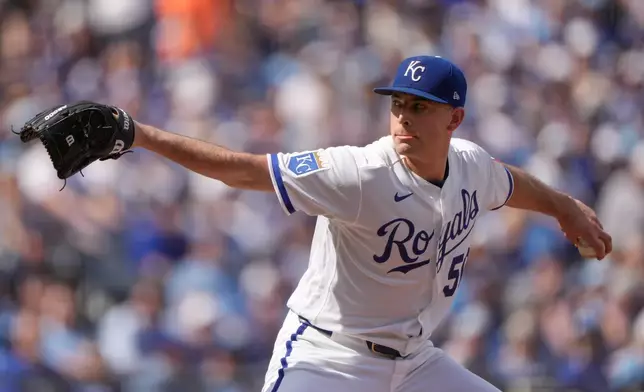Kansas City Royals starting pitcher Kris Bubic throws during the first inning of a baseball game against the Minnesota Twins, Monday, March 30, 2026, in Kansas City, Mo. (AP Photo/Charlie Riedel)
