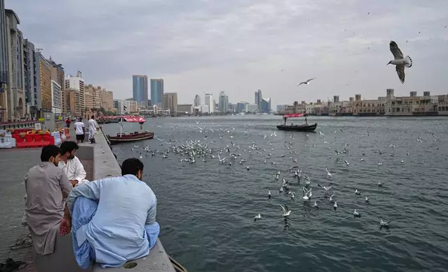 Afghan men watch as seagulls fly over Dubai Creek in Dubai, United Arab Emirates, Tuesday, March 10, 2026. (AP Photo/ Fatima Shbair)