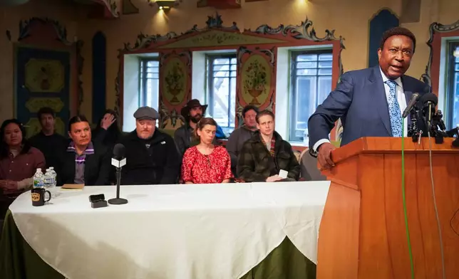 Attorney John Burris speaks during a news conference in Minneapolis, Thursday, March 26, 2026. (Leila Navidi/Minnesota Star Tribune via AP)