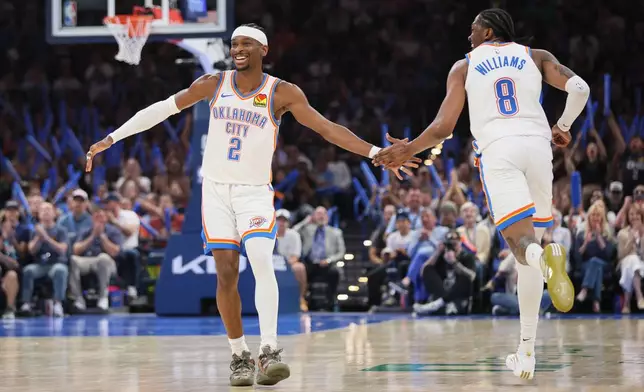 Oklahoma City Thunder guard Shai Gilgeous-Alexander (2) and guard Jalen Williams (8) celebrate after a basket by Williams during the second half of an NBA basketball game Sunday, March 29, 2026, in Oklahoma City. (AP Photo/Nate Billings)