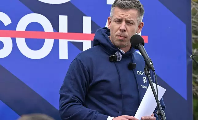 President of the opposition Tisza Party Peter Magyar speaks during a campaign stop in Velence, Hungary, Thursday, March 12, 2026. (Zoltan Mathe/MTI via AP)