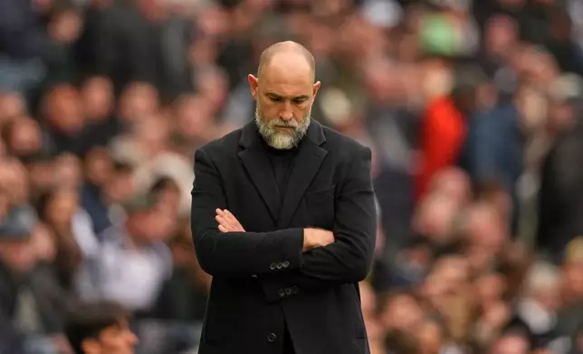Tottenham's coach Igor Tudor reacts during the English Premier League soccer match between Tottenham Hotspur and Nottingham Forest in London, Sunday, March 22, 2026. (AP Photo/Dave Shopland)