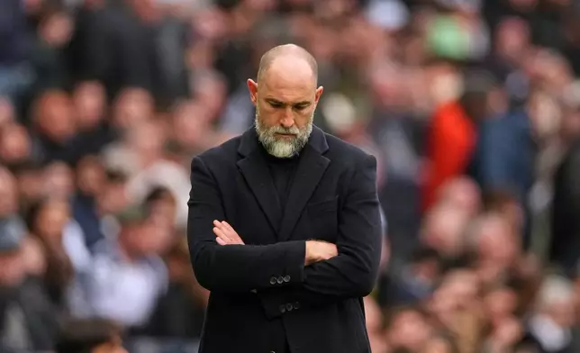 FILE - Tottenham's coach Igor Tudor reacts during the English Premier League soccer match between Tottenham Hotspur and Nottingham Forest in London, Sunday, March 22, 2026. (AP Photo/Dave Shopland, File)