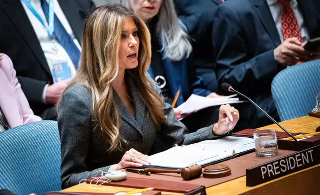 First lady Melania Trump presides over the United Nations Security Council at United Nations headquarters, Monday, March 2, 2026. (AP Photo/Angelina Katsanis)