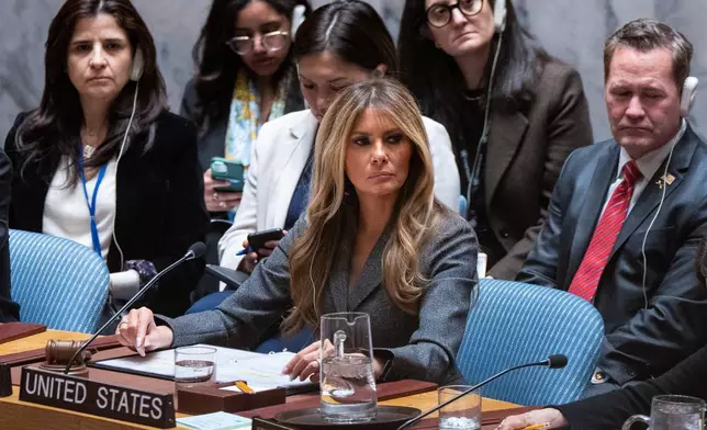 Melania Trump, first lady of the United States, presides over the United Nations Security Council at United Nations headquarters, Monday, March 2, 2026. (AP Photo/Angelina Katsanis)