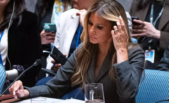 Melania Trump, first lady of the United States, presides over the United Nations Security Council at United Nations headquarters, Monday, March 2, 2026. (AP Photo/Angelina Katsanis)