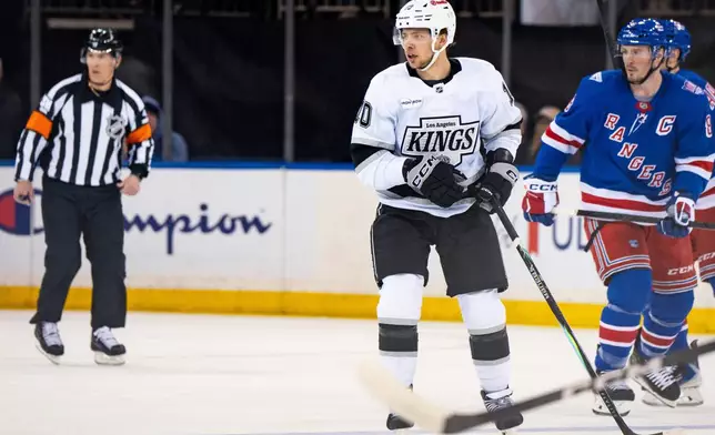 Los Angeles Kings left wing Artemi Panarin (10), a former New York Rangers player, looks on during the first period of an NHL hockey game against his former team, Monday, March 16, 2026, in New York. (AP Photo/Angelina Katsanis)