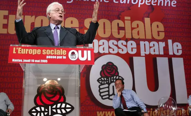 FILE - Former French Prime Minister Lionel Jospin gestures as he delivers his speech at a meeting calling for the "yes" vote in the referendum on the EU Constitution in Nantes, western France, Thursday May 19, 2005. (AP Photo/Franck Prevel, File)
