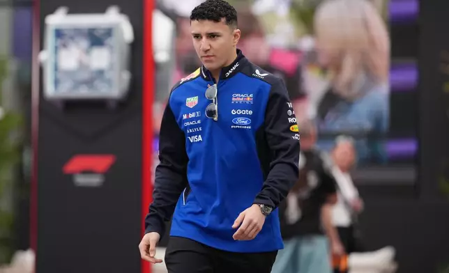 Red Bull driver Isack Hadjar of France arrives at the track ahead of the first practice session for the Australian Formula One Grand Prix at Albert Park, in Melbourne, Australia, Friday, March 6, 2026. (AP Photo/Asanka Brendon Ratnayake)