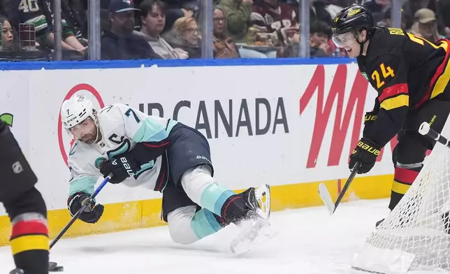 Seattle Kraken's Jordan Eberle (7) falls after being checked by Vancouver Canucks' Zeev Buium (24) during the second period of an NHL hockey game in Vancouver, British Columbia, Saturday, March 14, 2026. (Darryl Dyck/The Canadian Press via AP)