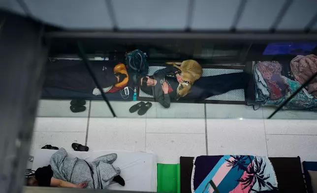 People sleep in an underground metro station used as a shelter against possible Iranian missile attacks in Ramat Gan, Israel, Saturday, March 12, 2026. (AP Photo/Oded Balilty)