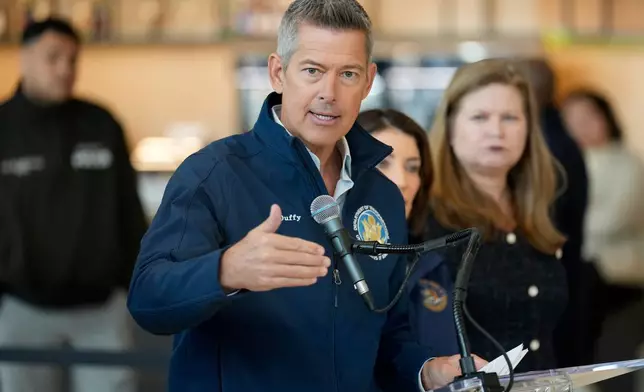 Department of Transportation Secretary Sean Duffy speaks during a news conference at LaGuardia Airport, Monday, March 23, 2026, after an Air Canada jet collided the night before with a Port Authority firetruck shortly after landing in New York. (AP Photo/Seth Wenig)