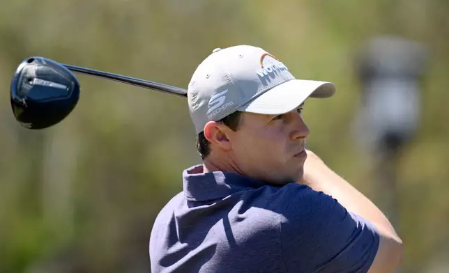 Matt Fitzpatrick tees off on the first hole during the final round of the Valspar Championship golf tournament Sunday, March 22, 2026, in Palm Harbor, Fla. (AP Photo/Jason Behnken)