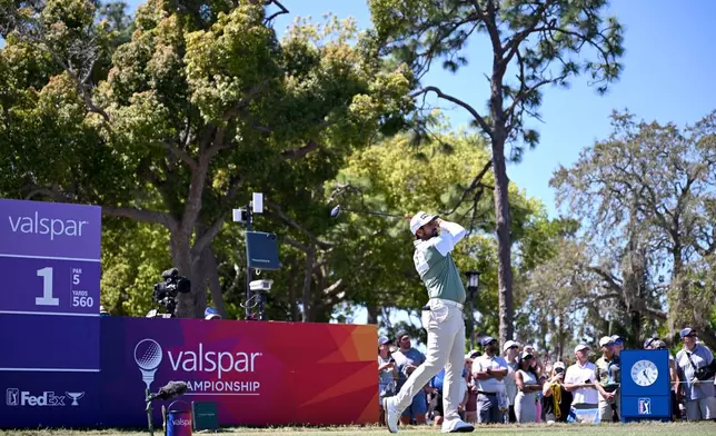 Matthieu Pavon tees off on the first hole during the final round of the Valspar Championship golf tournament Sunday, March 22, 2026, in Palm Harbor, Fla. (AP Photo/Jason Behnken)