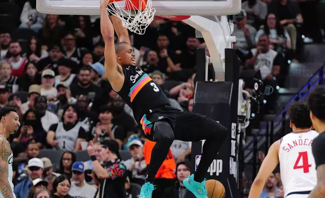 San Antonio Spurs forward Keldon Johnson, center, dunks during the first half of an NBA basketball game against the Los Angeles Clippers, Friday, March 6, 2026, in San Antonio. (AP Photo/Darren Abate)